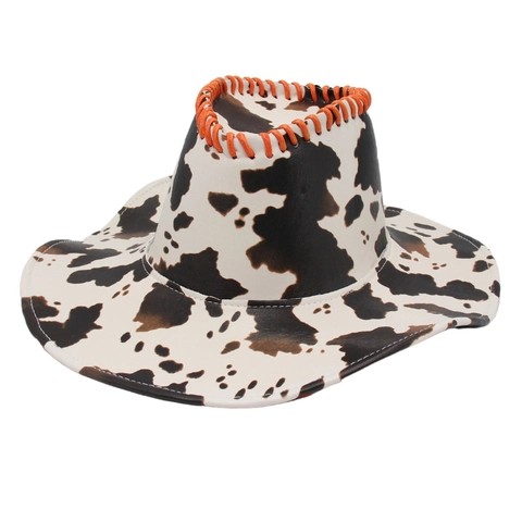 Cappello Da Cowboy Western Stampa Mucca Ecopelle Tesa Larga Moda Festa Outdoor Cuciture A Contrasto
