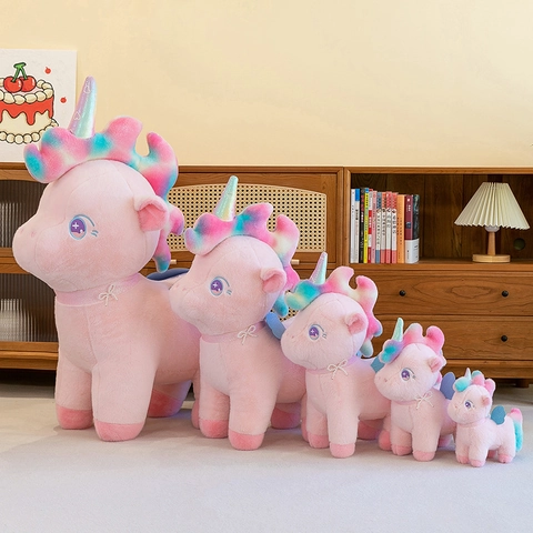 Cute Unicorn Plush Toy Soft Stuffed Animal Rainbow Mane Tail Wings Glitter Horn Artificial Pearl Necklace For Home Decor Birthday