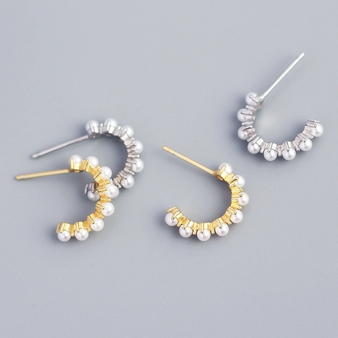 925 Sterling Silver Hoop Earrings With White Artificial Pearl Inlay Elegant C Shape Minimalist Ear Studs Jewelry For Women