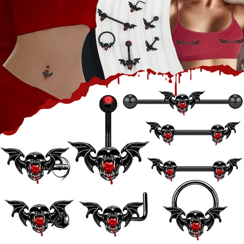 Gothic Bat Wing Skull Body Piercing Jewelry Alloy Red Heart Rhinestone Halloween Vampire Punk Style For Women And Men