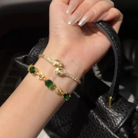Bracciale Serpente Rame Placcato Oro Zirconia Pietra Preziosa Verde Chiusura Scorrevole Regolabile Gioielli Di Lusso Vintage Per Donna