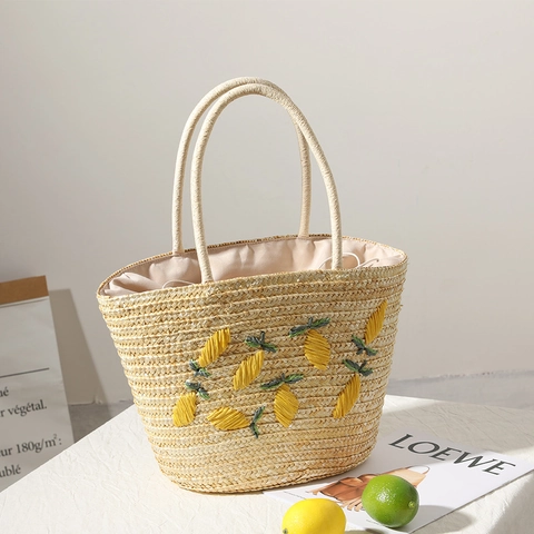 Bolso Tote De Paja Bordado De Limón Mujeres Gran Capacidad Vacaciones De Verano En La Playa Bolso Tejido Forro Con Cordón