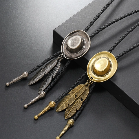 Collier Bolo Tie Chapeau De Cow-Boy Western Vintage Avec Pendentifs Plumes En Métal Et Cordon En Cuir PU Tressé Pour Hommes