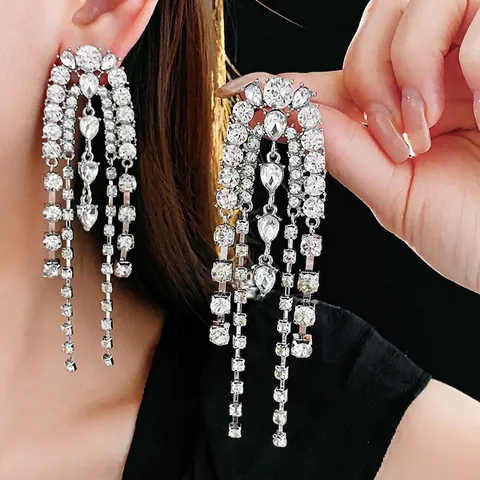 Pendientes Largos De Borla Con Diamantes De Imitación Cascada Gota De Agua Aleación Con Poste De Plata Para Mujer Boda Fiesta