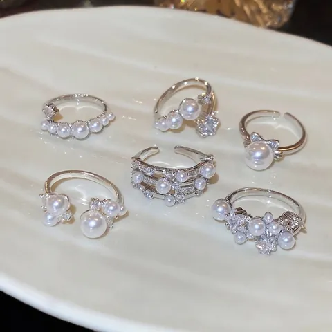 Elegant Zircon Artificial Pearl Open Ring Korean Style Adjustable Copper Alloy Jewelry For Women Light Luxury Niche Design