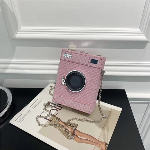 Camera Shaped Crossbody Bag Rhinestone Sequin Metal Chain Novelty Retro PU Leather Shoulder Purse For Women