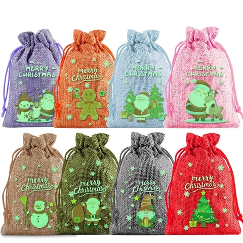 Christmas Drawstring Gift Bags Linen Burlap Candy Pouch Merry Christmas Print Cartoon Santa Snowman Pattern Holiday Party Favor