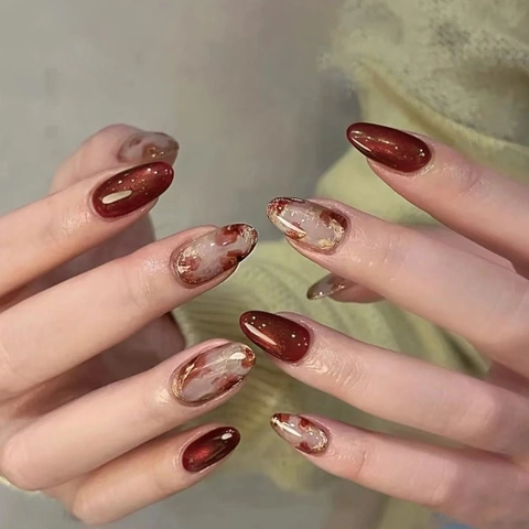 Press On Nails Amber Marble Smudge Gold Foil Cat Eye Design Almond Shape Glossy Artificial False Nails For Women