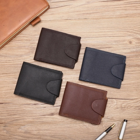 Men Bifold Wallet PU Leather Slim Business Casual Short Purse With Card Slots ID Window Snap Closure Lightweight