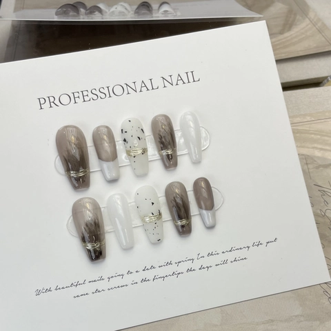 Handmade Press-On Nails Coffin Long Gray Marble White Speckled With Gold Wire Decor Artificial Finger Nails Women