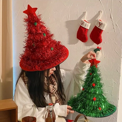 Cappello Da Festa A Forma Di Albero Di Natale Glitter Tinsel Materiale Non Tessuto Stella Pom Pom Accessorio Costume