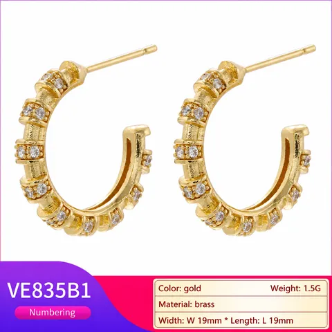 Pendientes De Aro En Forma De C Latón Circonita Chapado Oro 18K Textura Bambú Joyería Moda Mujer