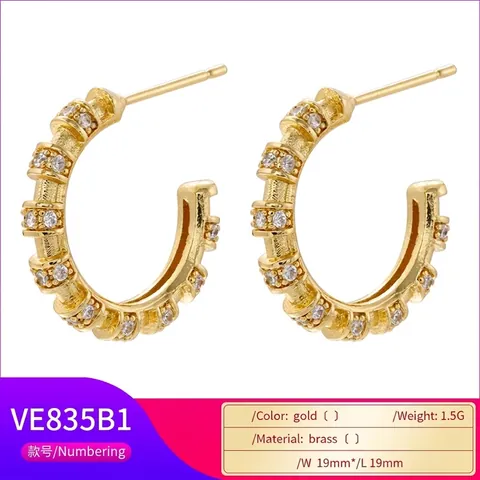 Orecchini A Cerchio A Forma Di C Ottone Con Zirconia Placcato Oro 18K Texture Bambù Gioielli Moda Donna