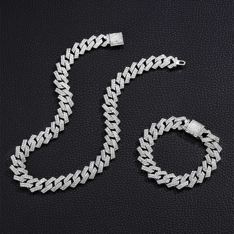 Miami Cuban Link Necklace And Bracelet Hiphop Iced Out Rhinestone Alloy Jewelry Punk Style Unisex