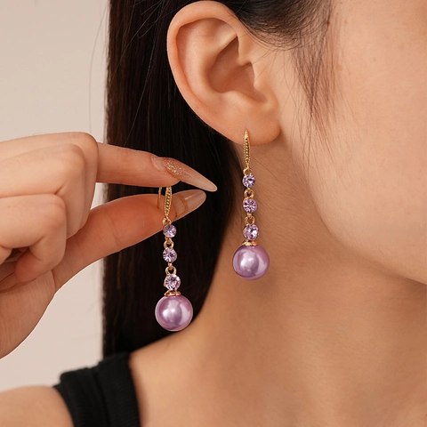 Purple Faux Artificial Pearl Drop Earrings Alloy Rhinestone Geometric Round Ball Vintage Style For Women With Earring Post