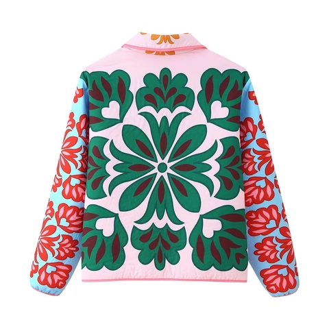 Dames Gewatteerde Bloemenjas Katoen Gevoerd Vintage Etnische Print Lange Mouwen Bovenkleding Warm Jasje Met Knopen