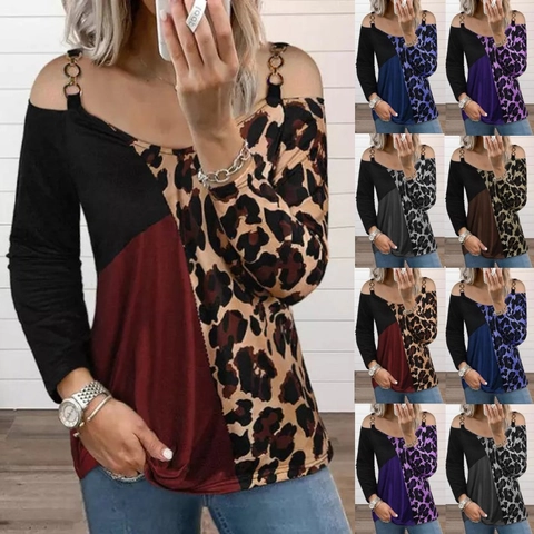 Women's Leopard Print Cold Shoulder Top Embroidered Long Sleeve Patchwork T-Shirt With Metal Chain Detail Polyester Casual Loose Blouse