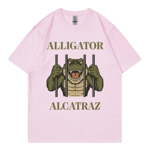 Men Cotton T-Shirt Round Neck Short Sleeve Alligator Alcatraz Graphic Print Funny Retro Casual Breathable Top