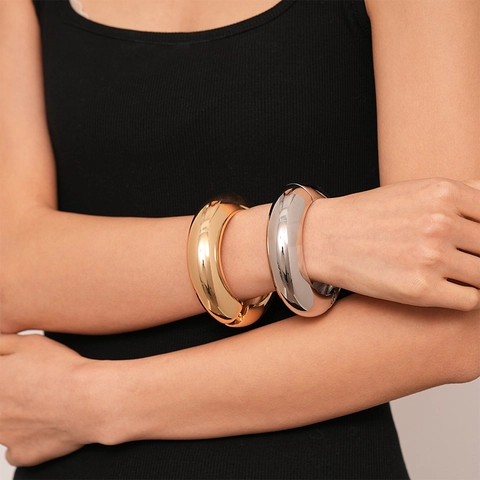 Chunky Wide Bangle Bracelet Alloy High Polished Mirror Finish Geometric Exaggerated Minimalist Fashion Jewelry Women