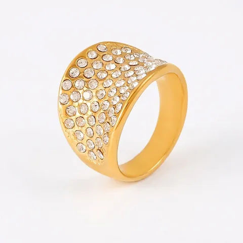 Anillo De Banda Ancha De Moda Acero De Titanio Micro Pavé Diamante Checo Chapado En Oro 18K Cóncavo Joyería De Lujo Para Mujeres
