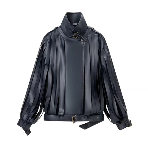Chaqueta De Cuero Sintético Para Mujer Flecos Tassel Abrigo Moto Con Cinturón Hebilla Metálica Streetwear Cuello Alto
