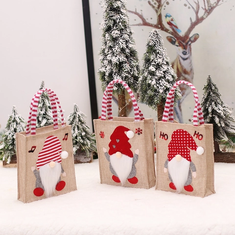 Christmas Gift Bags Burlap Jute 3D Gnome Faceless Doll Handheld Candy Pouches Holiday Party Decor