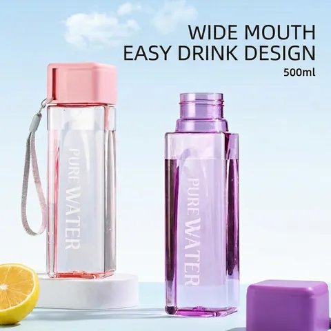 Square Plastic Water Bottle Transparent BPA Free Leakproof Portable Sports Cup With Lanyard Office Outdoor