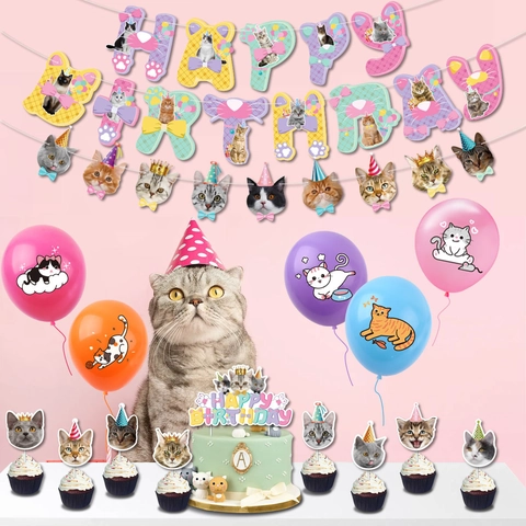 Süße Katzen Geburtstag Party Dekoration Happy Birthday Banner Tier Girlande Latex Luftballons Und Kuchen Deko Für Party
