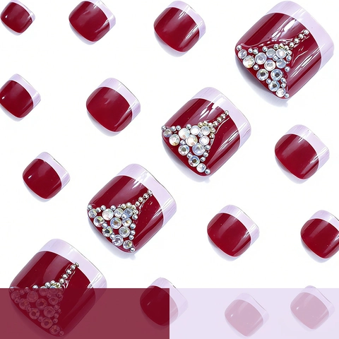 Unghie Finte Per Piedi Borgogna Lucido ABS French Tip Design Con Strass Quadrate Per Donne
