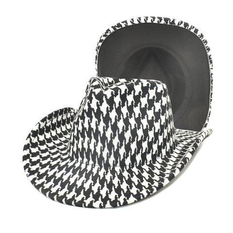 Chapeau De Cowboy À Motif Pied-De-Poule Bord Large Coton Polyester Feutre De Laine Western Jazz Fedora