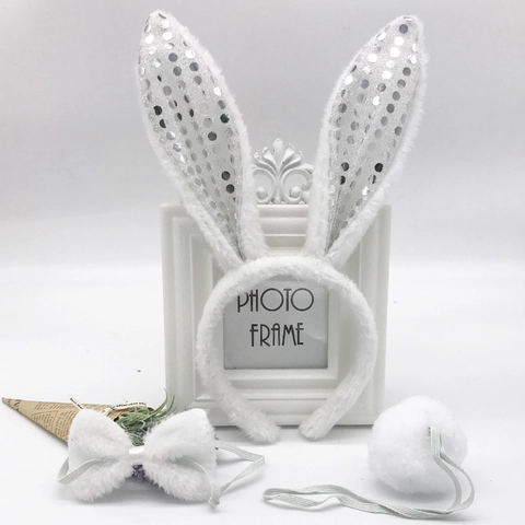 Cerchietto Con Orecchie Di Coniglio In Peluche E Papillon E Coda Paillettes Pasqua Halloween Festa Cosplay Accessori Donna