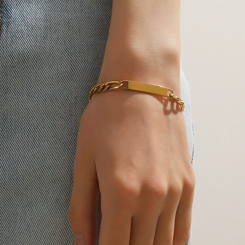Minimalistische ID Armband Met Gebogen Bar 304 Roestvrij Staal Figaro Ketting 18K Verguld Sieraden Voor Dames Heren