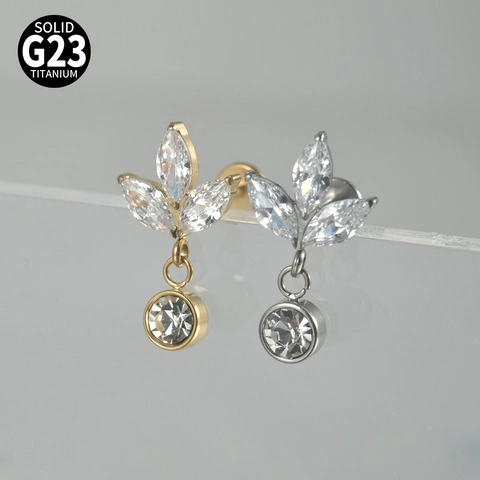 Marquise Cubic Zirconia Leaf Dangle G23 Titanium Labret Stud Piercing Jewelry Internally Threaded Ear Cartilage Bone Nail