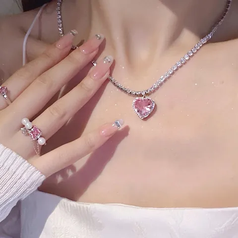 Heart Necklace Alloy Pink Crystal Zircon Pendant Shiny Rhinestone Tennis Chain Sweet Cool Y2K Jewelry For Women
