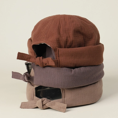 Retro Cotton Brimless Docker Cap Solid Color Adjustable Tie Back Japanese Style Unisex Skull Hat Foldable