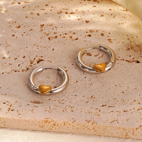 Orecchini A Cerchio Con Cuore Bicolore Per Donna Acciaio Inossidabile Placcato Oro 18K Gioielli INS Di Tendenza