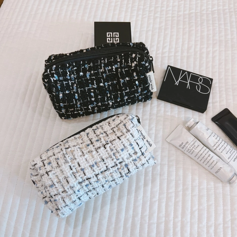 Trousse Da Trucco In Tweed Piccola Borsa Organizer Per Cosmetici Portatile Con Cerniera Custodia Elegante Per Donna