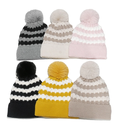 Gorro De Punto Mujer Acrílico Rayas Con Pompon De Piel Artificial Cálido Invierno Esquí Protección Oídos