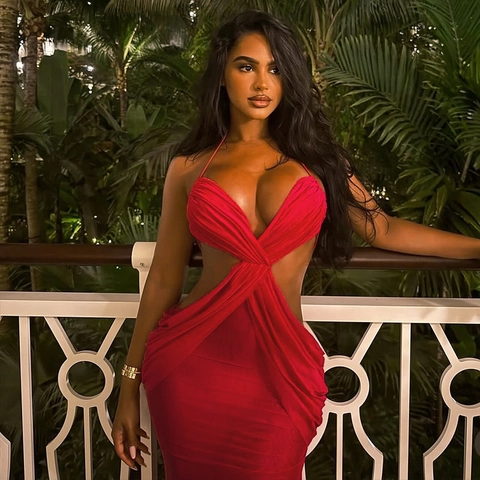 Sexy Halter Neck Maxi Dress Ruched Cut Out Backless Bodycon Solid Color Polyester Spandex Women