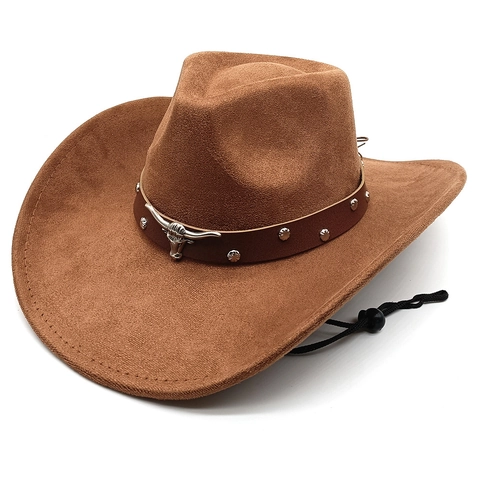 Western Cowboy Hat Faux Suede Wide Brim With Leather Band Metal Bull Head Rivets And Adjustable Windproof Rope Retro Unisex