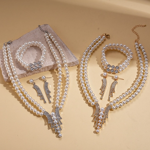 Joyas Elegantes Para Mujer Con Perlas Artificiales De Vidrio De Doble Capa Diamantes De Imitación Collier Pulsera Pendientes Con Borlas