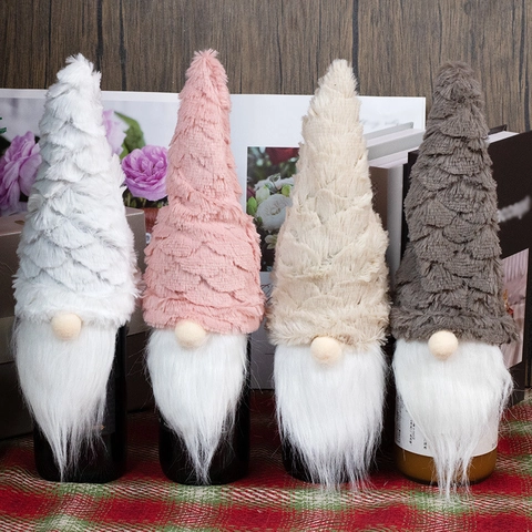 Christmas Gnome Wine Bottle Cover Knit Polyester Plush Long Bearded Faceless Forest Old Man Festive Table Decor Gift