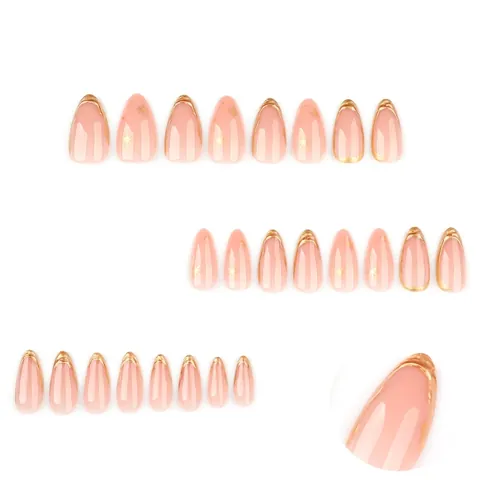 3D Gouden Metallic French Press On Nails Korte Amandel Nude Roze Ster Ontwerp Kunstnagels DIY Manicure Dames