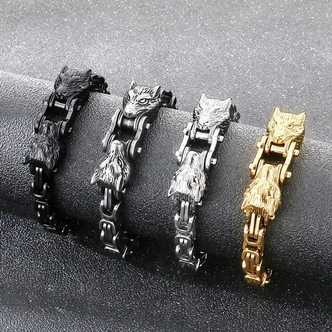 Bracciale Testa Di Lupo Acciaio Inossidabile Catena Bizantina Gioielli Punk Per Uomini Bracciale Doppia Testa Di Lupo