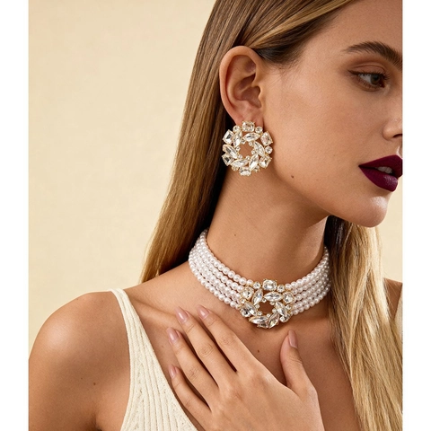Vintage Elegant Multi Layer Faux Artificial Pearl Choker Necklace And Flower Rhinestone Stud Earrings For Women Wedding Jewelry