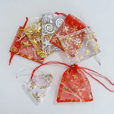 Sacchetti Regalo Organza Bustine Coulisse Bronzatura Oro Argento Stella Fiocco Neve Gioielli Matrimonio Festa Bomboniera Natale Decoro