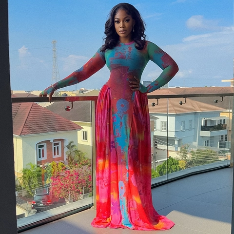 Abstraktes Graffiti Print Maxi Kleid Langarm Rundhals Slim Fit Polyester Spandex Bodenlang Retro Chic Damen