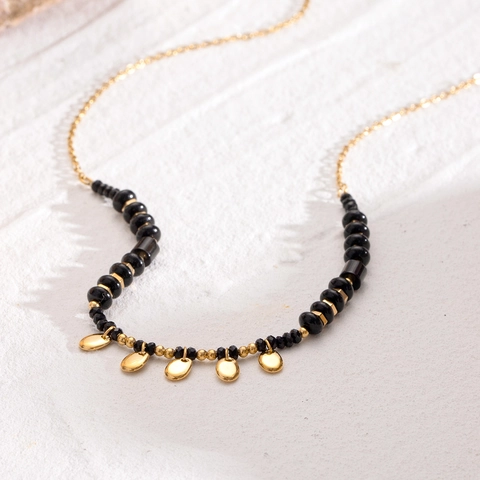 Collar De Colgante De Acero Inoxidable Con Cuentas De Cristal Negro Amuletos De Disco Redondo Geométrico Joyería Retro Chapada En Oro Para Mujeres