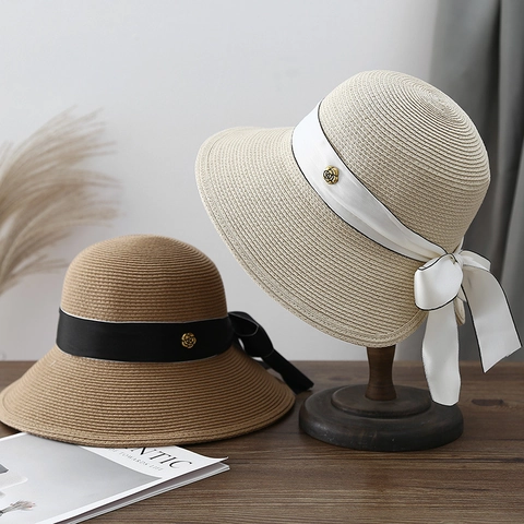 Cappello Di Paglia Da Donna Elegante Stile Francese Con Fiocco In Nastro Distintivo Fiore Di Camelia Protezione Solare Pieghevole