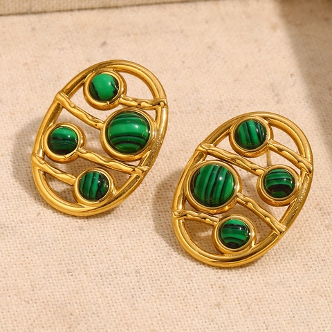 Vintage Oval Stud Earrings 18K Gold Plated Stainless Steel With Green Faux Malachite Hollow Geometric For Women Elegant